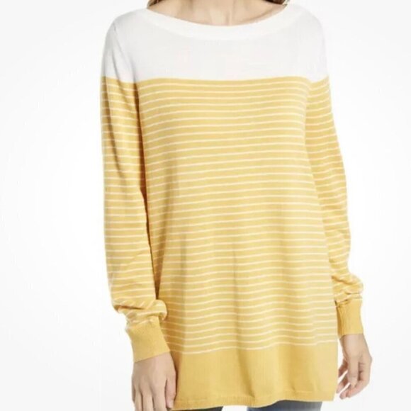 NWT CASLON Colorblock Striped Sweater in Yellow Placed Stripe - M - Picture 1 of 7